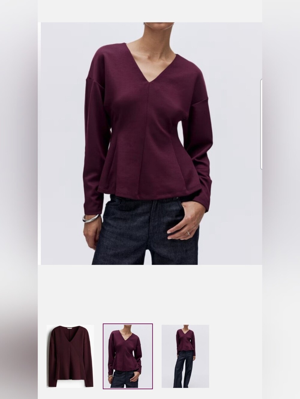 H&M V-Neck Scuba Long Sleeve Top in Dark Burgundy, New, XL, 14-16